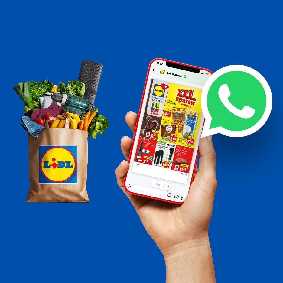 Einkaufstasche voller Lebensmittel und Werkzeuge, mit einem Telefon, das einen Angebotsflyer anzeigt.