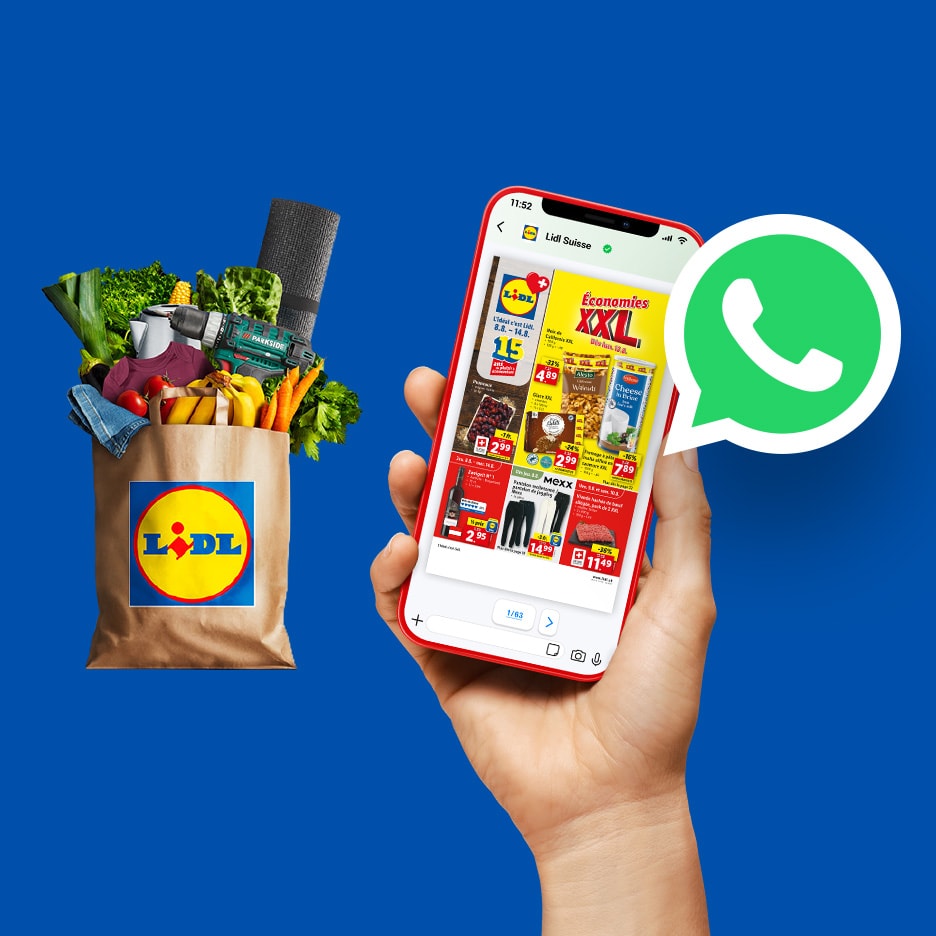 Einkaufstasche voller Lebensmittel und Werkzeuge, mit einem Telefon, das ein Angebotsflugblatt zeigt.