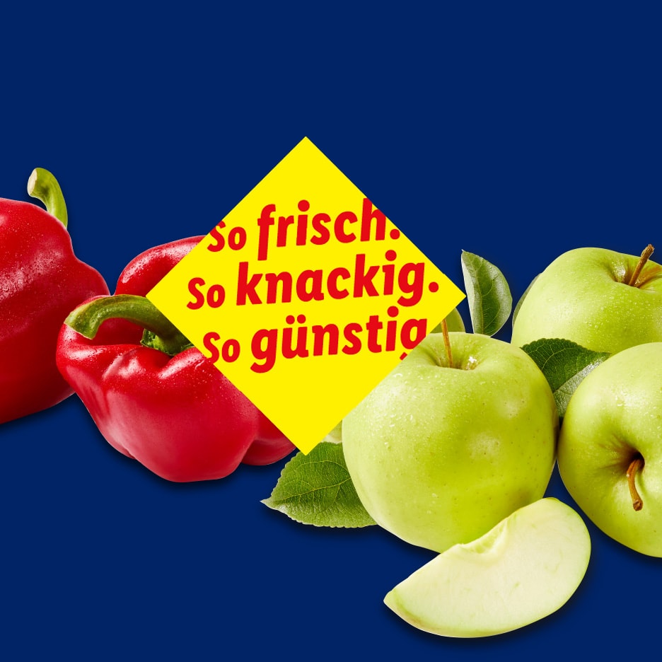 Rote Paprika und grüne Äpfel mit dem Text „so frisch, so knackig, so günstig“.
