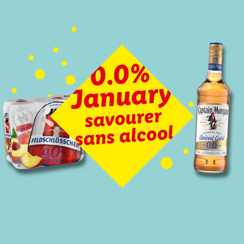 FELDSCHLÖSSCHEN Panache und Captain Morgan Spiced Gold 0.0% für den alkoholfreien Januar.