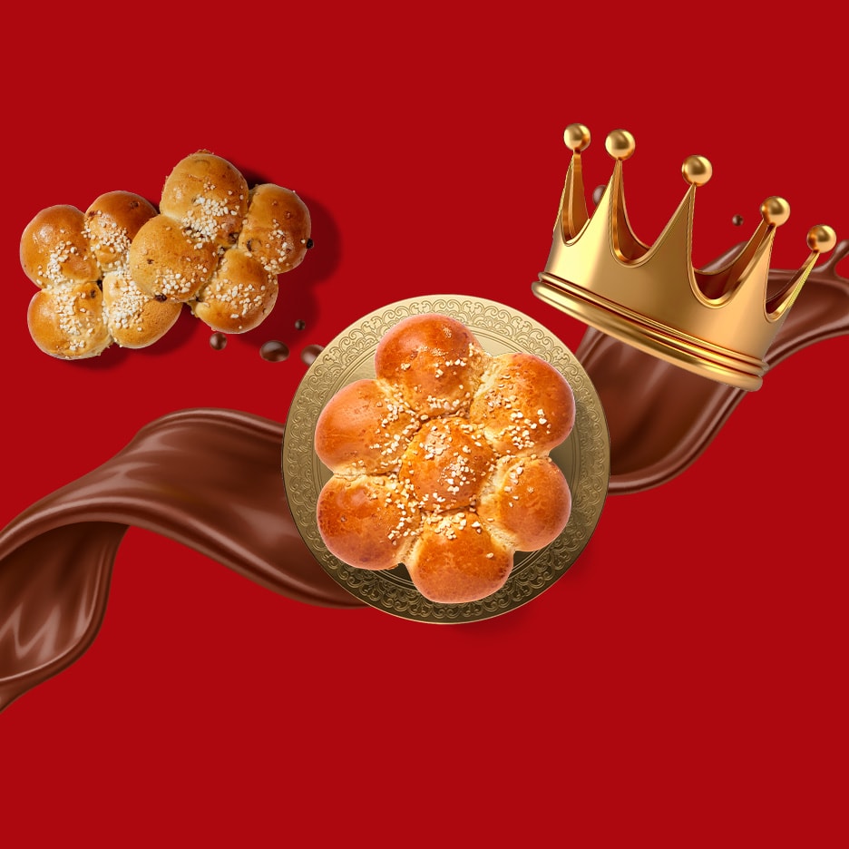 Königskuchen und goldene Krone auf rotem Hintergrund mit Schokolade.