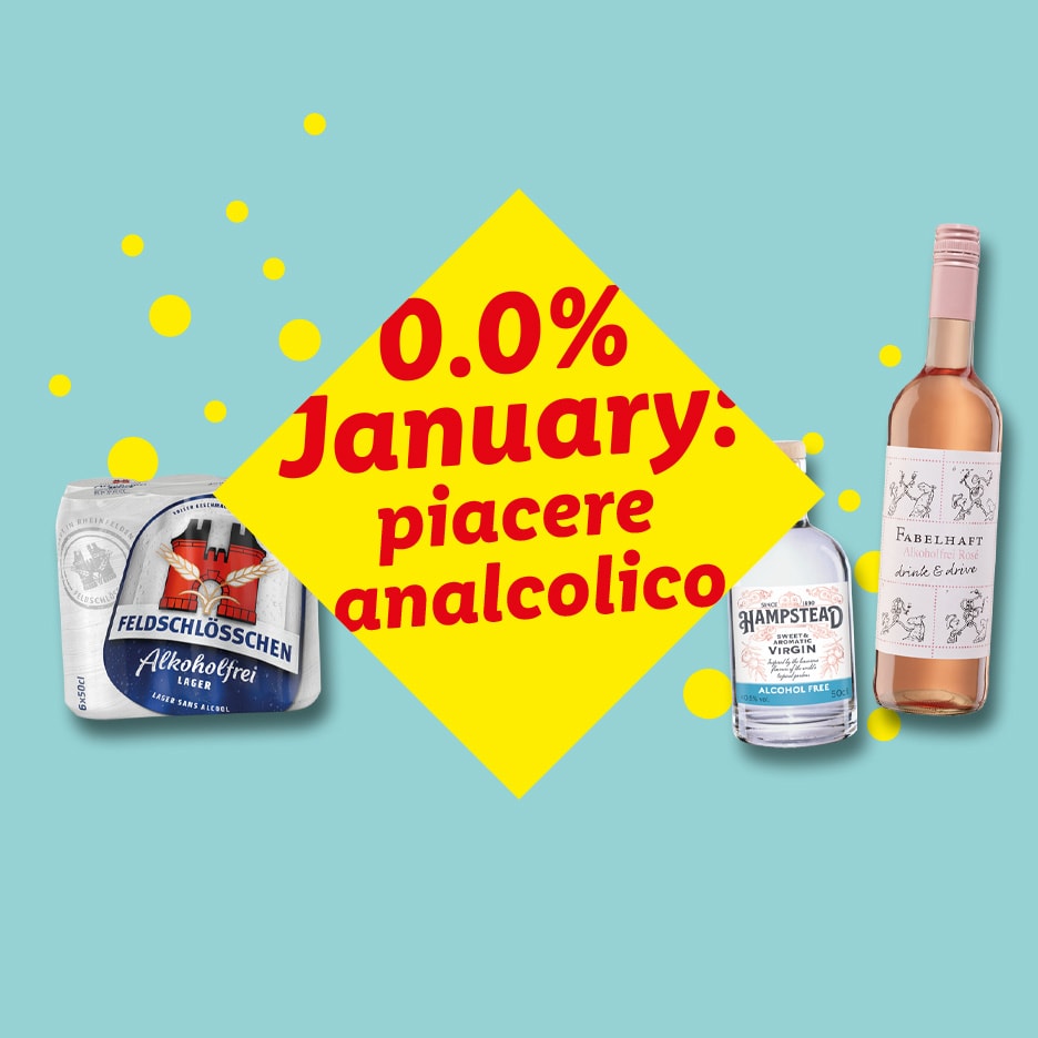 0.0% Januar: alkoholfreies Bier, Roséwein und Gin auf blauem Hintergrund.