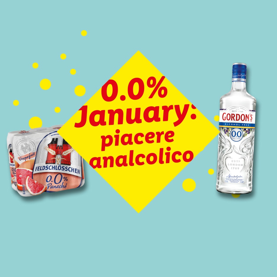 FELDSCHLÖSSCHEN Panache und Gordon's Alcohol Free Gin mit dem Text '0.0% Januar: alkoholfreier Genuss'.