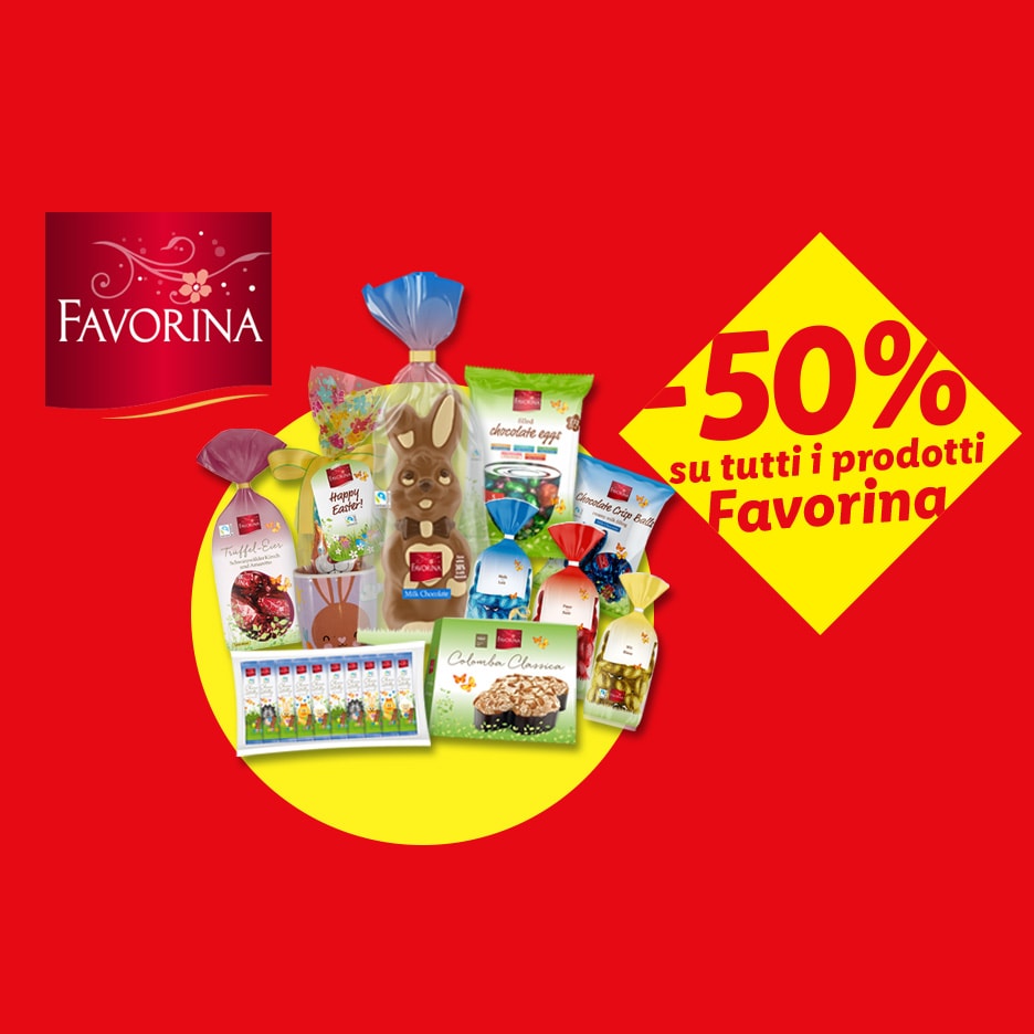 Assortimento di dolci pasquali, tra cui uova di cioccolato, coniglietti e colombe, con sconto del 50%.