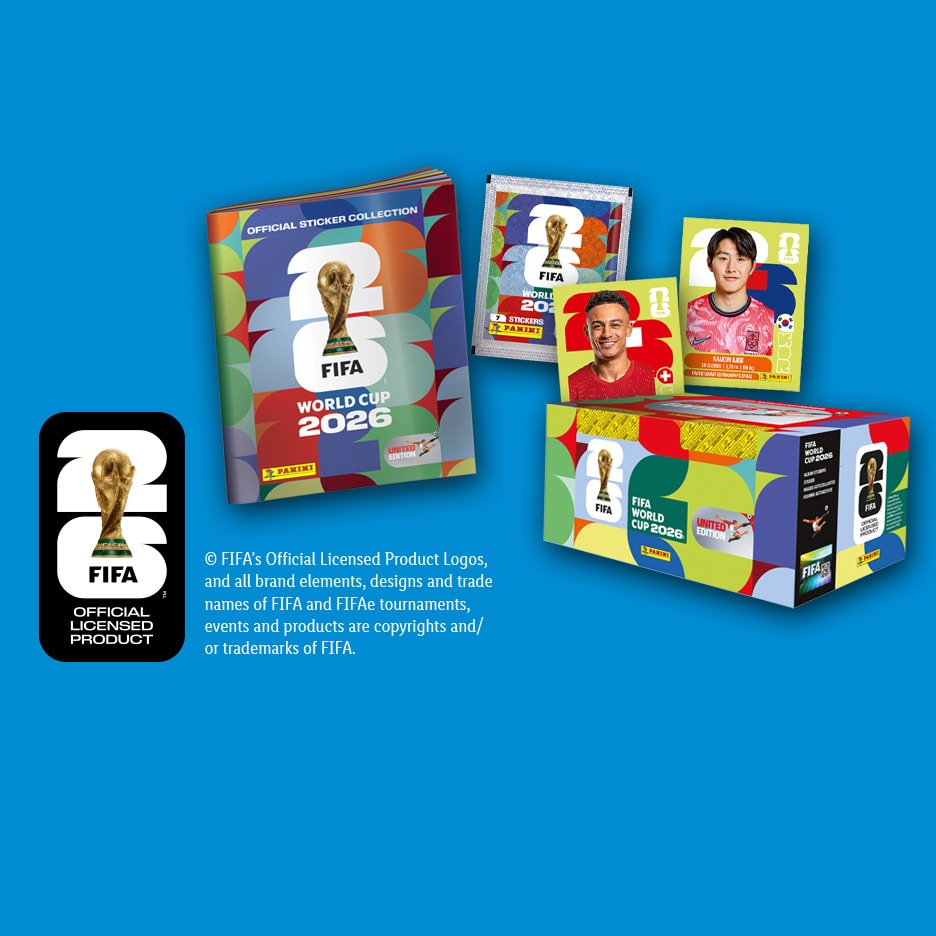 FIFA Fussball-Weltmeisterschaft 2026 Stickeralbum, Stickerpäckchen und eine Box mit Stickern.