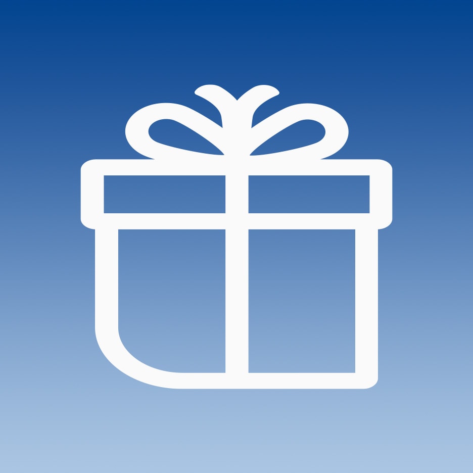 Ein weißes Geschenksymbol mit einer Schleife auf einem blauen Farbverlaufshintergrund.