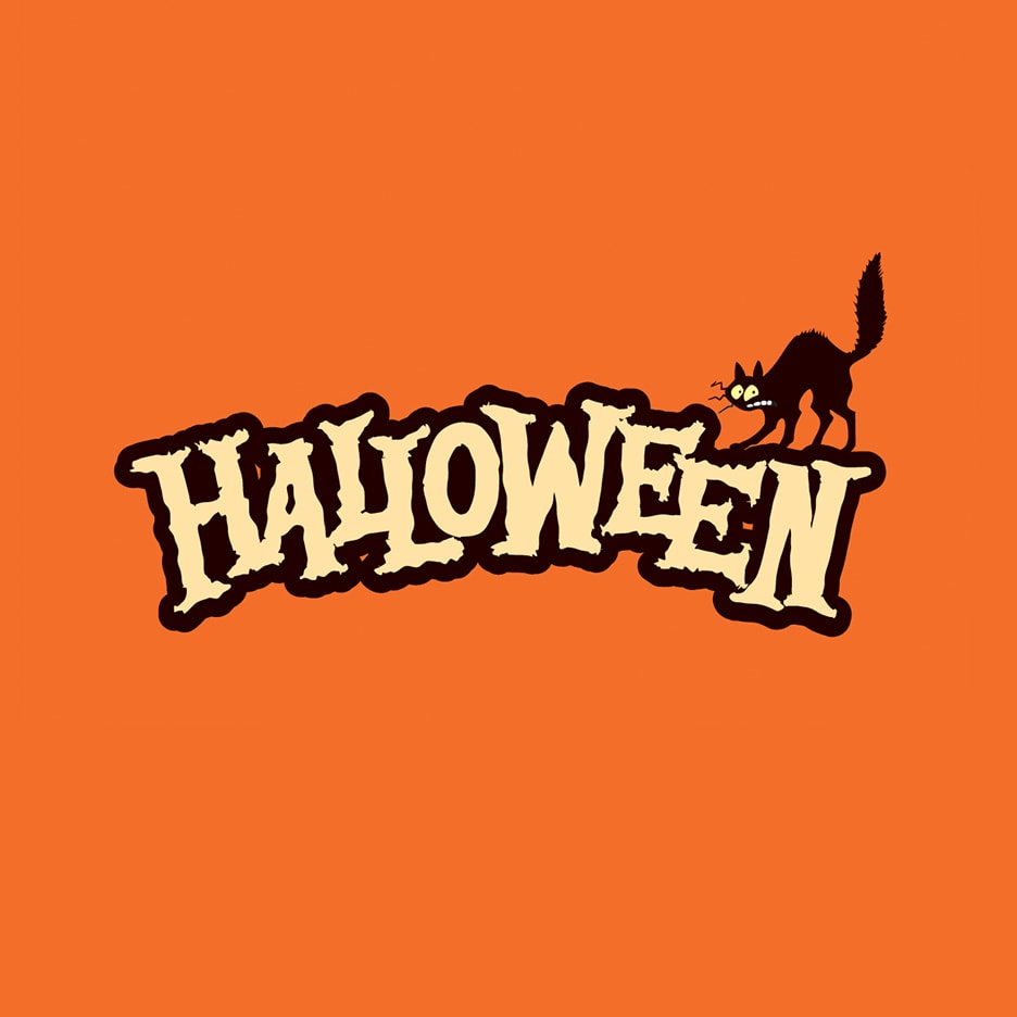 Halloween-Logo mit einer verängstigten schwarzen Katze auf orangefarbenem Hintergrund.