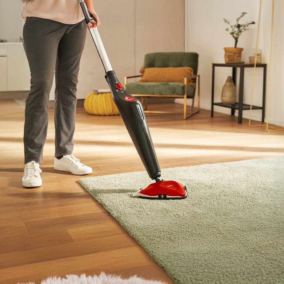 Personne utilisant un nettoyeur vapeur sur un tapis vert dans un salon moderne.