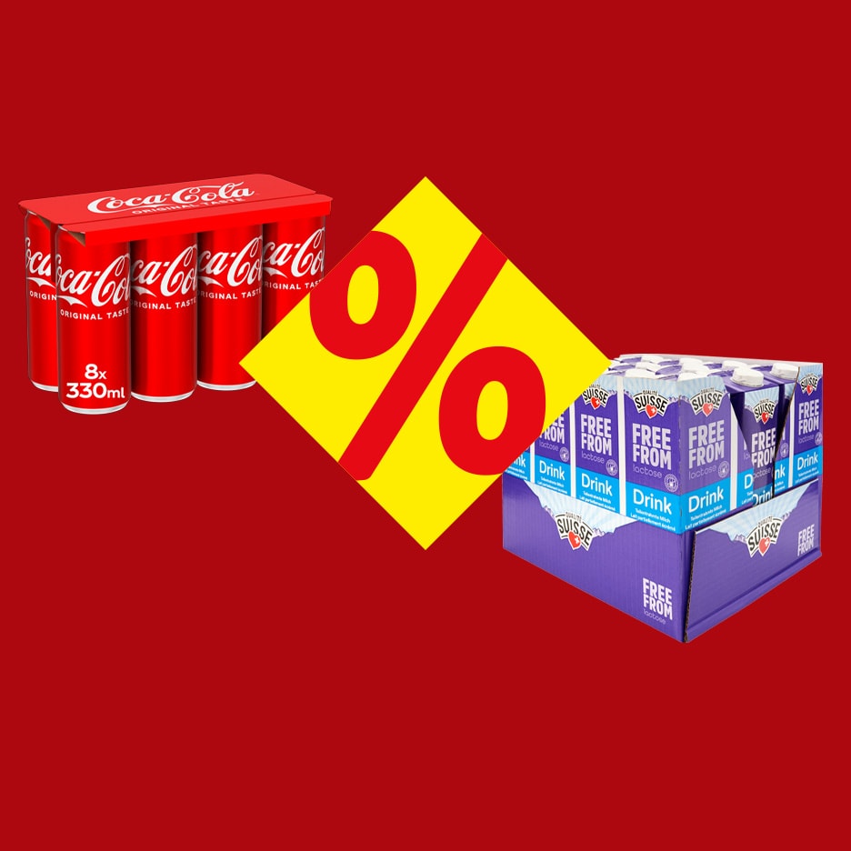Multipacks mit kohlensäurehaltigen Getränken und laktosefreien Getränken mit Rabattsymbol.