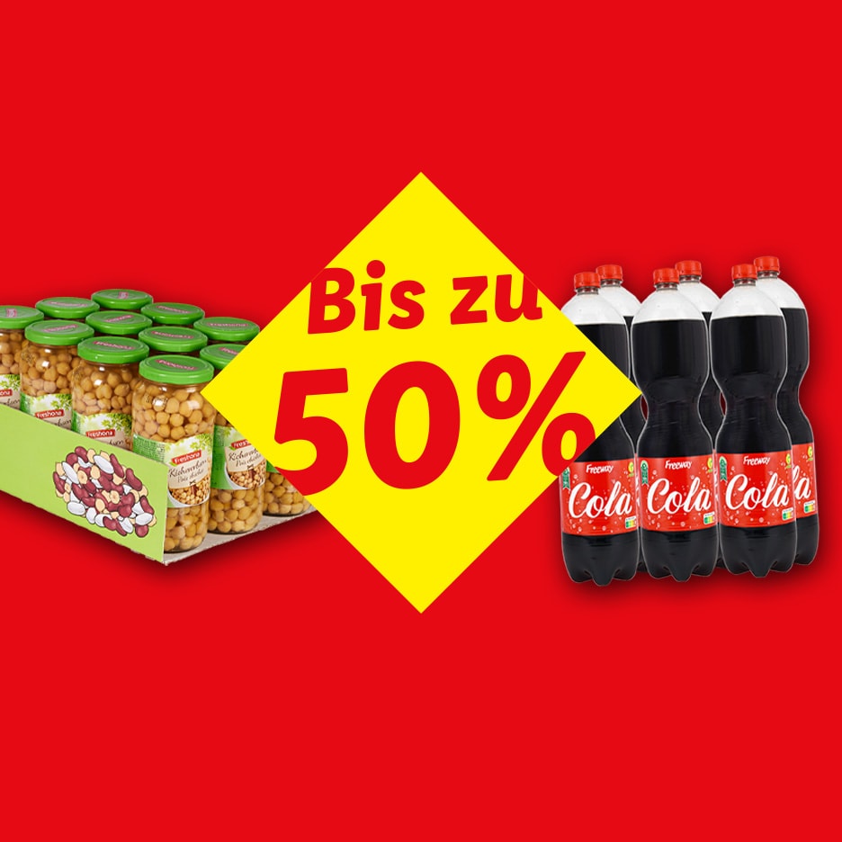 Gläser mit Kichererbsen und Cola-Flaschen mit einem gelben „Bis zu 50%“-Etikett.
