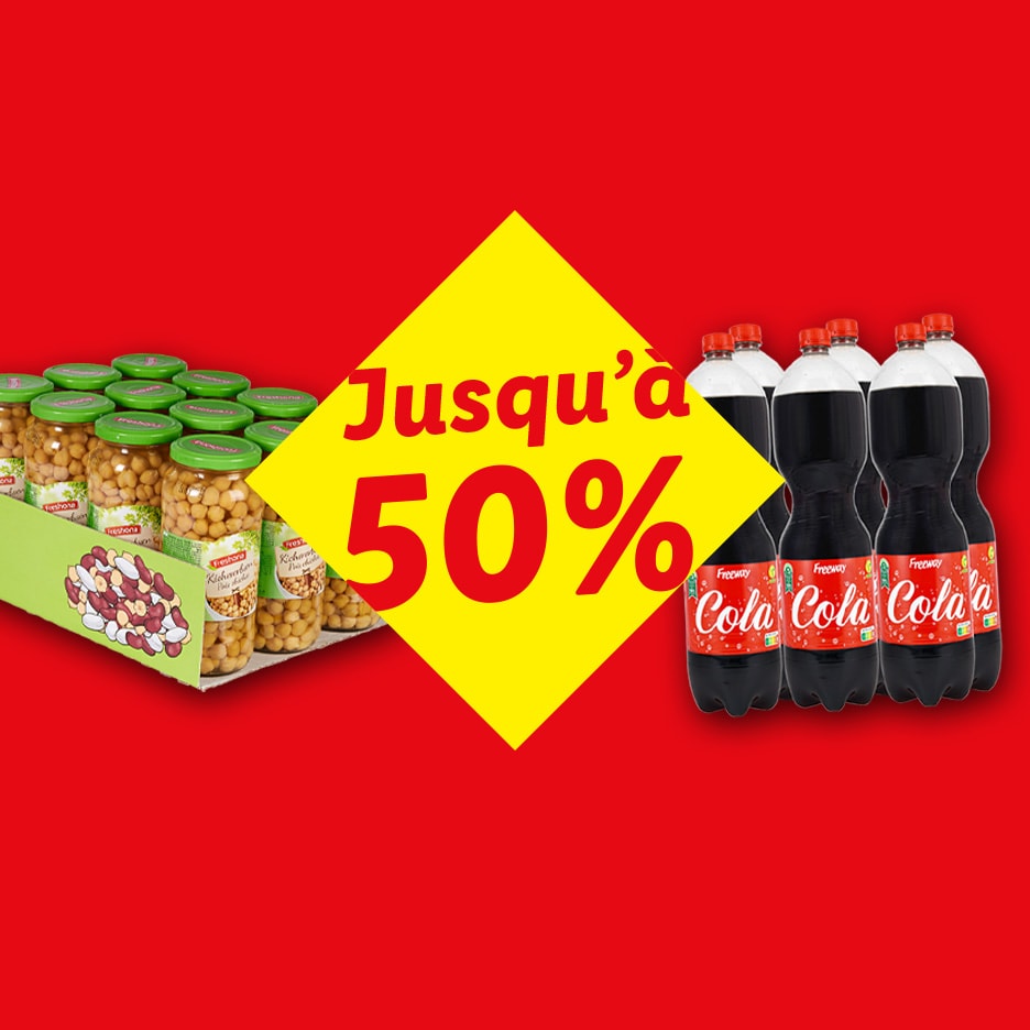 Kichererbsen-Gläser und Cola-Flaschen mit einer „Bis zu 50 %“ Aktion.
