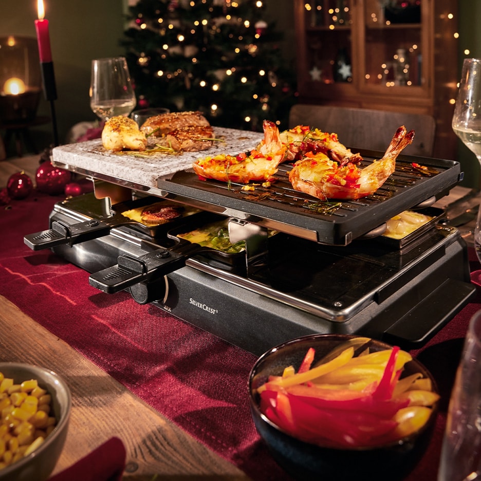 SilverCrest Raclette mit Garnelen und Fleisch, Weihnachtsdekoration