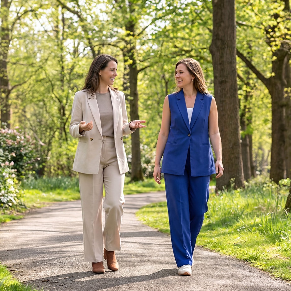 Zwei Frauen in Hosenanzügen, eine beige und eine blaue, gehen und unterhalten sich in einem Park.