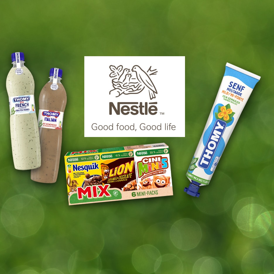 Nestlé-Produkte, darunter Thomy Dressings, Senf und Müsli-Minipacks.
