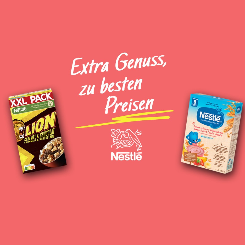 Lion Karamell- und Schokoladenmüsli in Großpackung und Babybrei mit Banane und Erdbeere, mit dem Text „Extra Genuss, zu besten Preisen“.