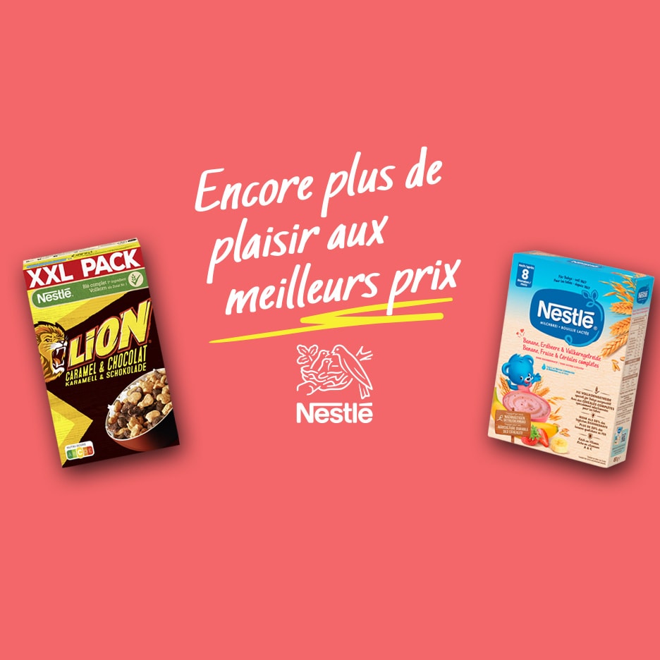 Céréales Lion caramel et chocolat et bouillie lactée banane, fraise et céréales complètes, avec le texte 'Encore plus de plaisir aux meilleurs prix'.