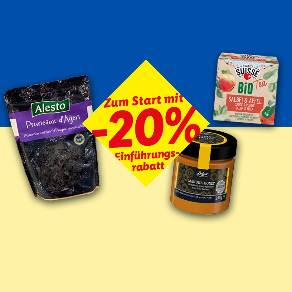 Ein Angebot von -20% auf Pflaumen, Manuka-Honig und Salbei-Apfel-Tee.
