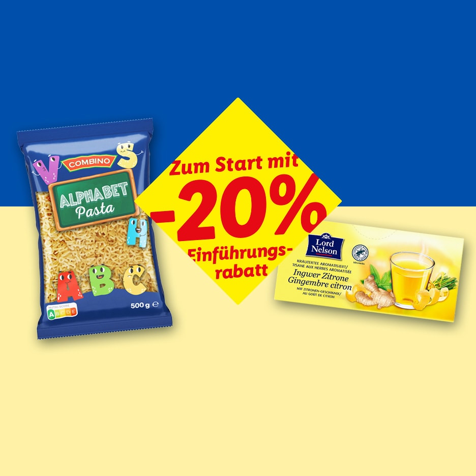 Combino Alphabet Pasta und Lord Nelson Ingwer-Zitronen-Tee mit 20% Rabatt.