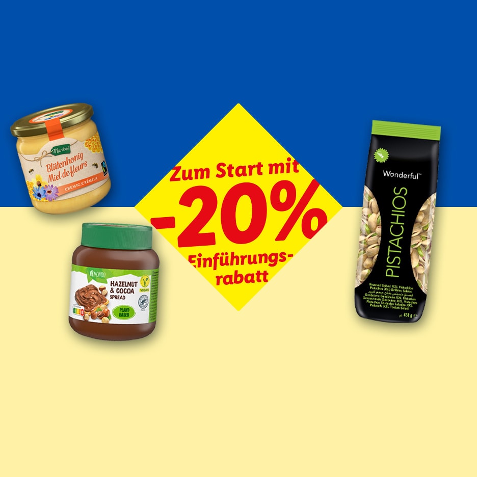 Honig, Haselnuss-Kakao-Aufstrich und Wonderful Pistazien mit 20% Rabatt.
