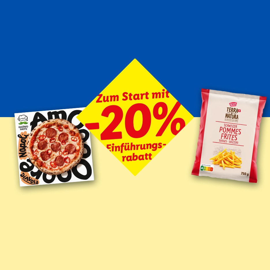 Salami-Pizza und Tiefkühlpommes mit 20% Rabatt auf blau-gelbem Hintergrund.