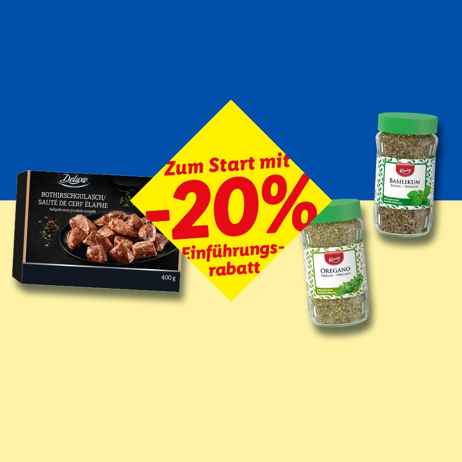 Deluxe Rothirschgulasch und Kania Gewürze (Oregano, Basilikum) mit 20% Einführungsrabatt.