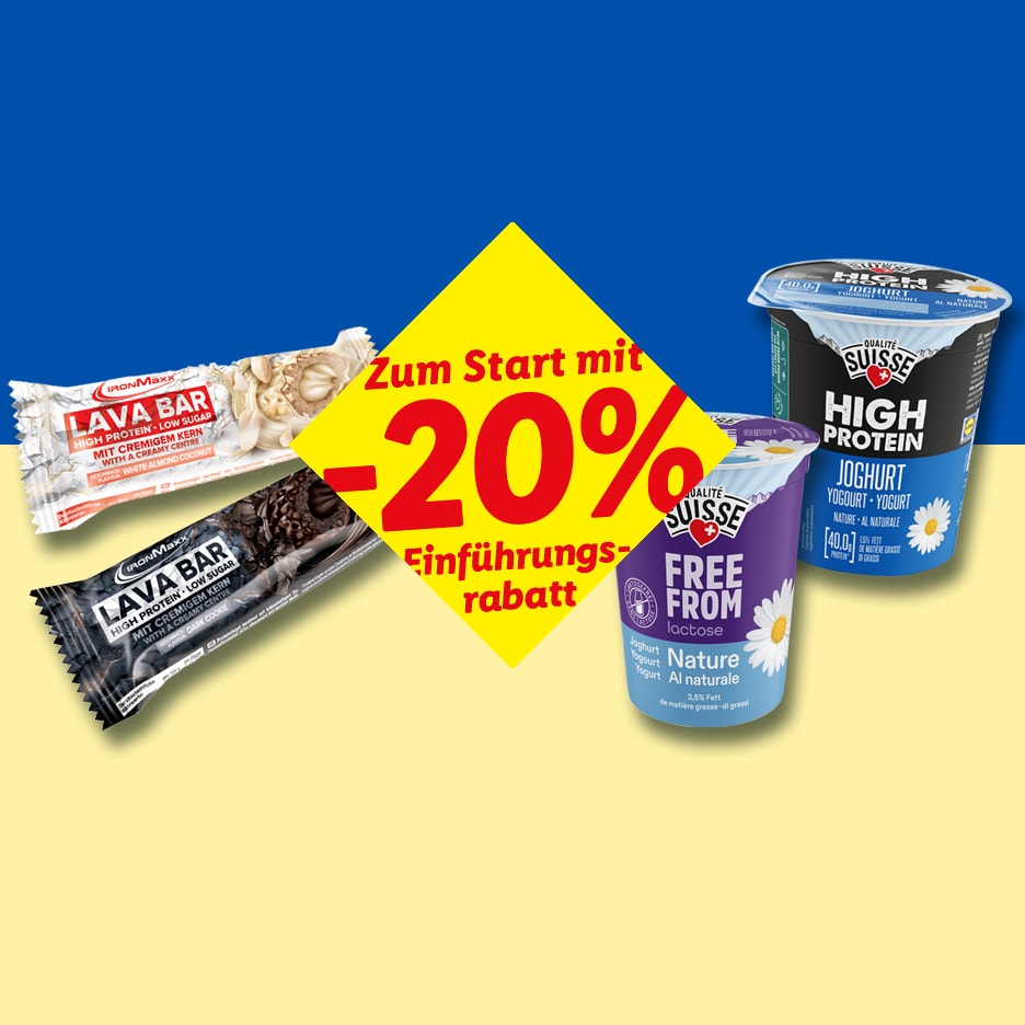 Proteinriegel und Joghurtbecher mit einem gelben Rabattschild von 20% auf blau-gelbem Hintergrund.