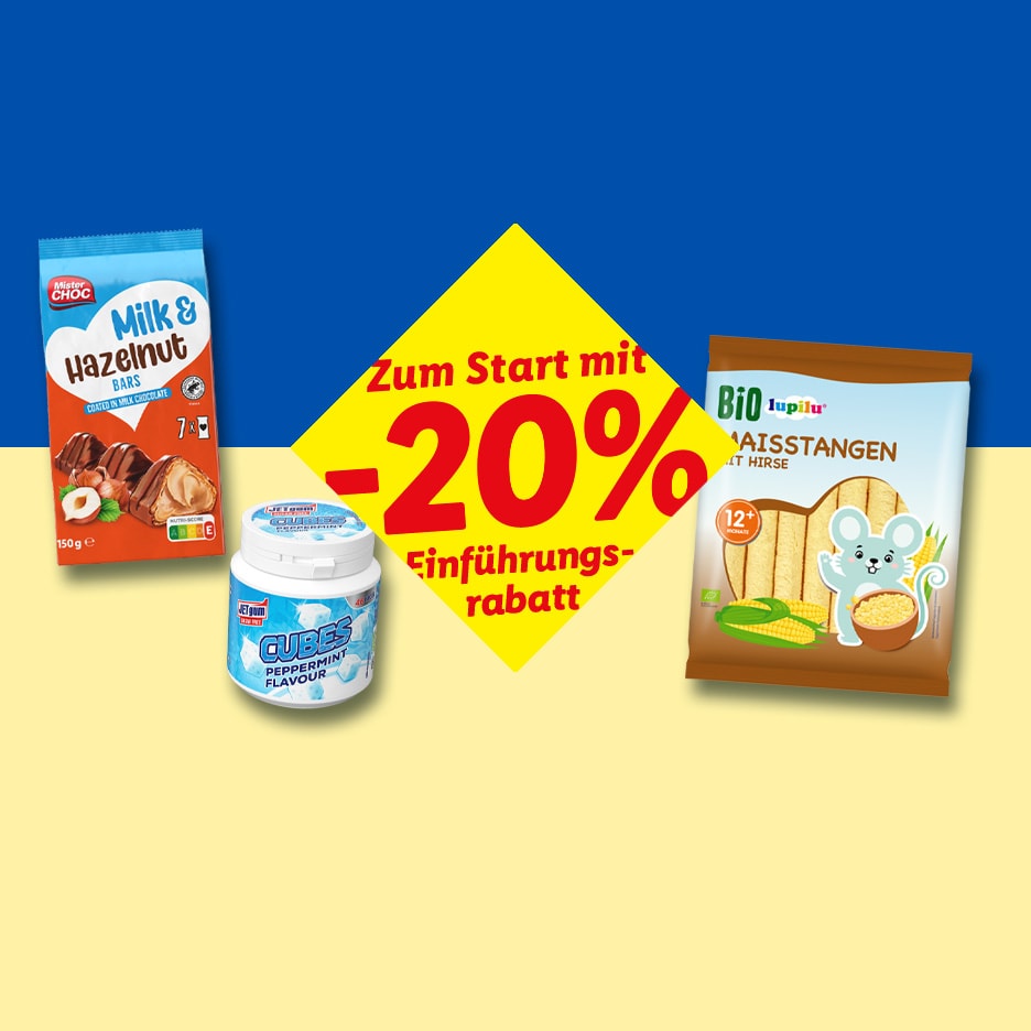 Schokoriegel, Kaugummi und Maisstangen mit 20% Einführungsrabatt auf blau-gelbem Hintergrund.