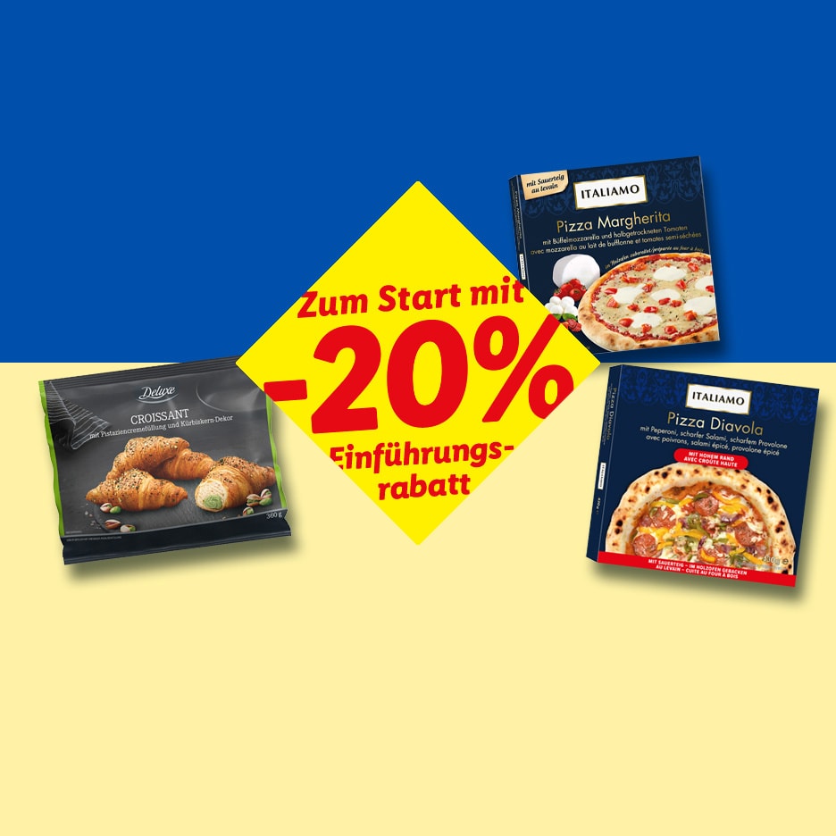 Lidl-Werbung: 20% Rabatt auf Croissants und Italliamo Pizzen vor ukrainischer Flagge.