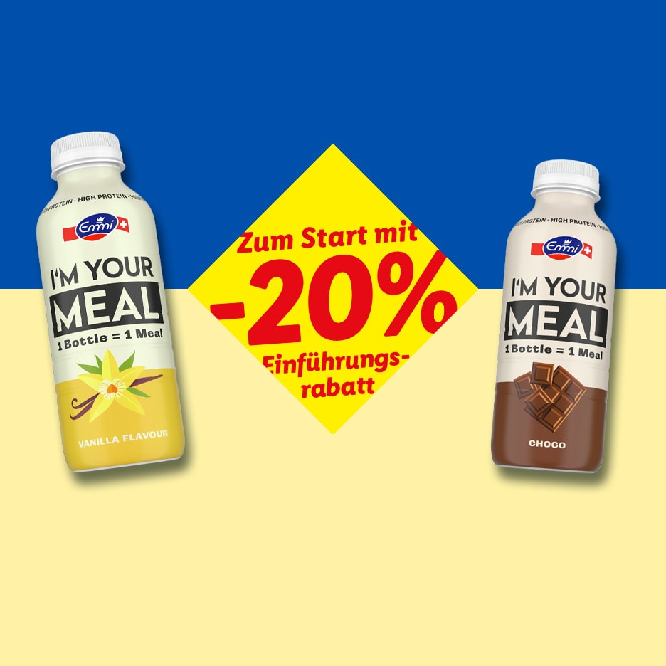 Zwei Mahlzeitenersatzgetränke, Vanille und Schokolade, mit 20% Rabatt.