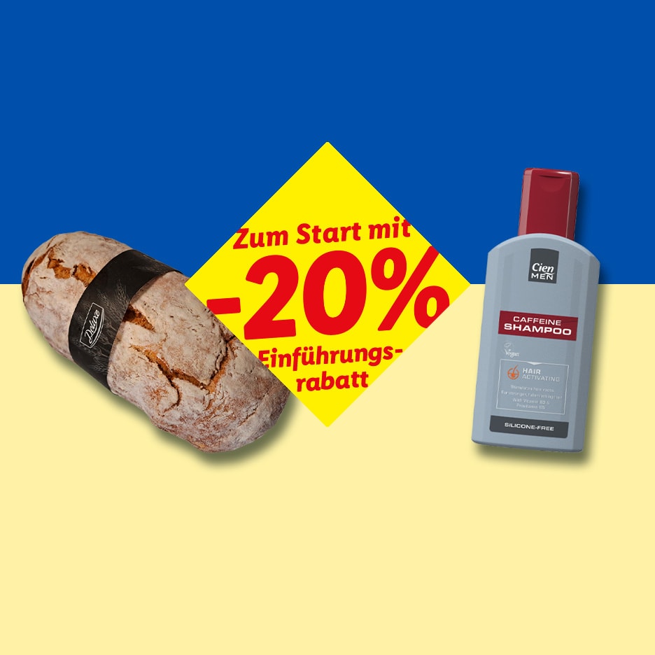 Brot und Shampoo mit 20% Einführungsrabatt auf blau-gelbem Hintergrund.