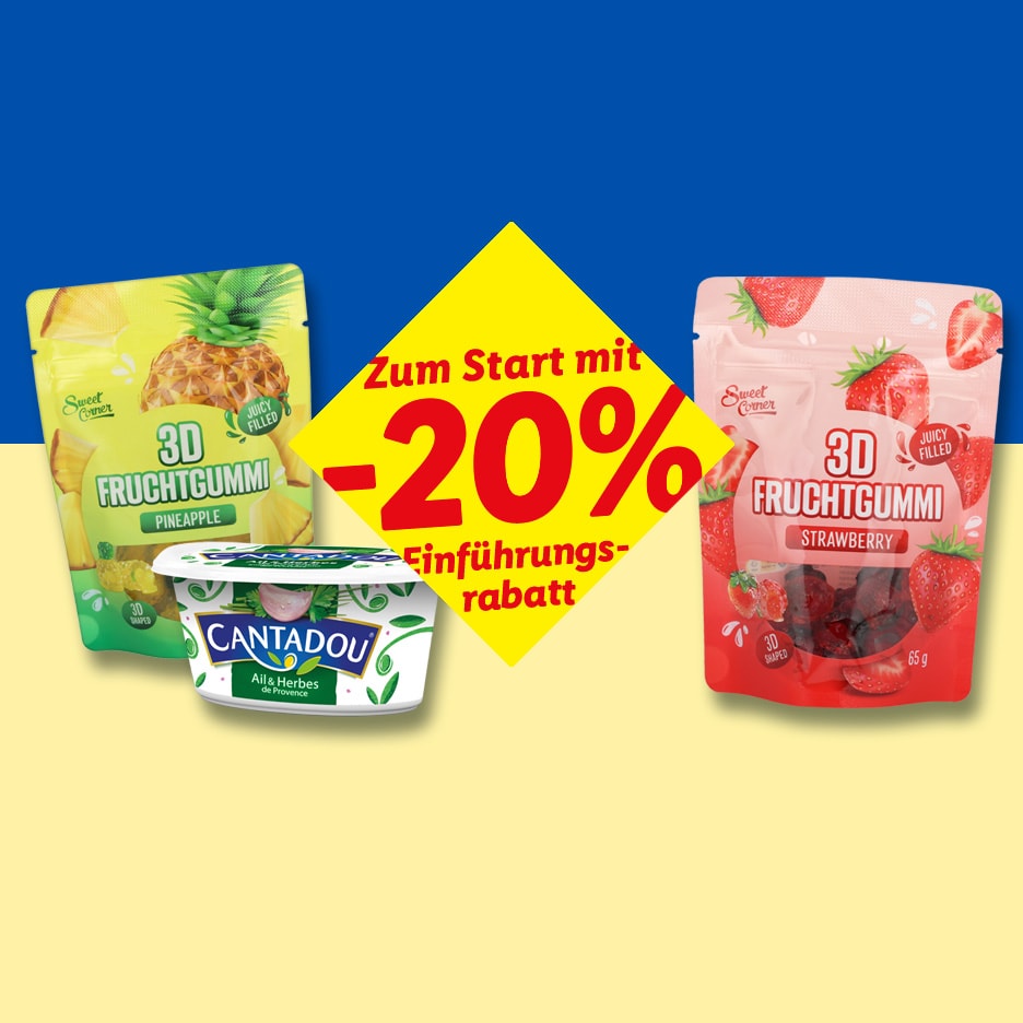 Fruchtgummis und Frischkäse, mit 20 % Einführungsrabatt.