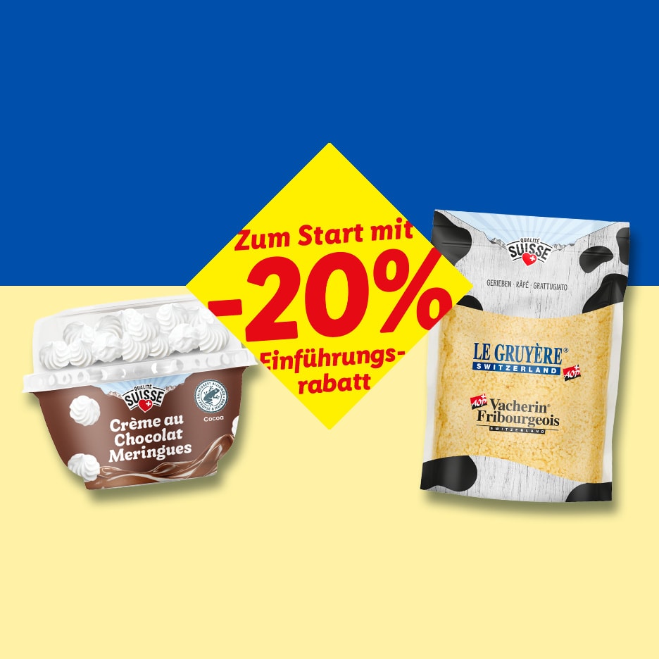 Schokoladencreme und geriebener Käse mit 20% Rabatt auf blau-gelbem Hintergrund.