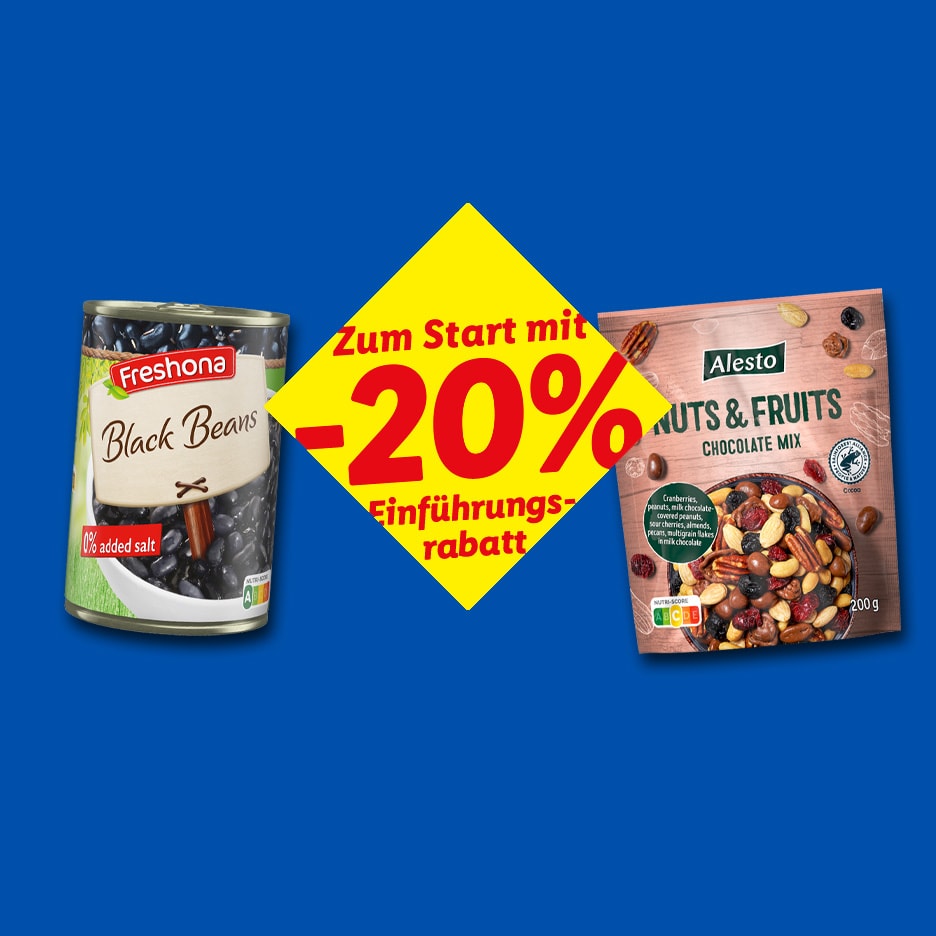 Schwarze Bohnen in Dosen und Nuss-Frucht-Schokoladenmischung, mit 20% Rabatt.