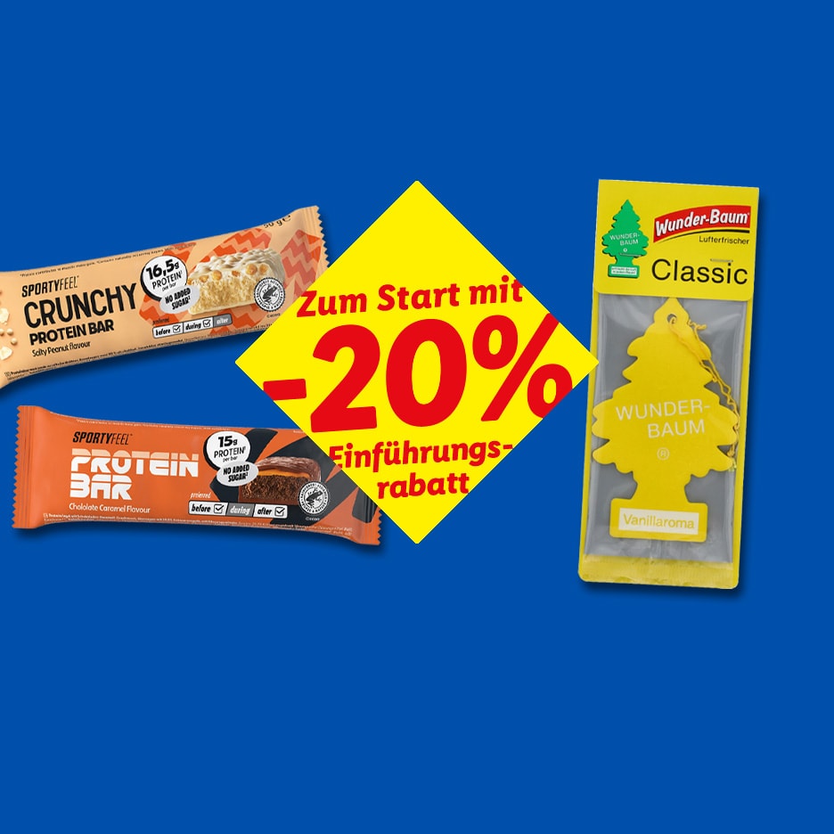 Proteinriegel und Auto-Lufterfrischer mit 20% Rabatt.
