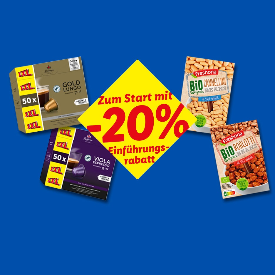 Kaffeekapselpackungen und Bio-Bohnen mit 20% Rabatt.