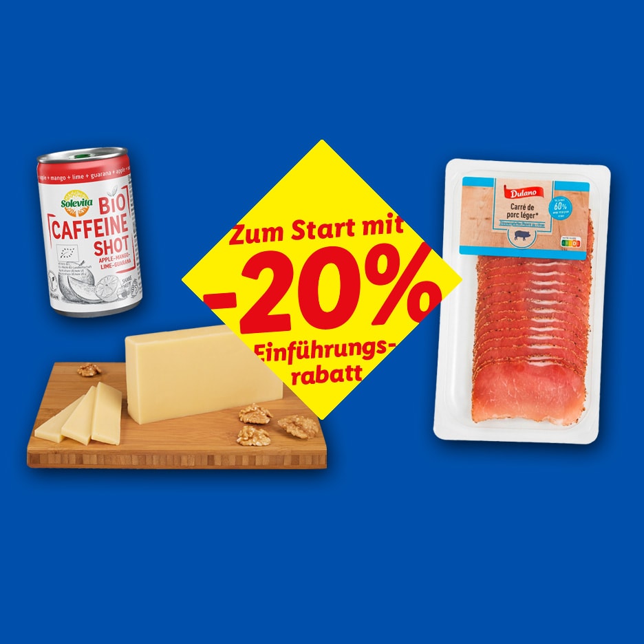 Energy-Drink, Käse und Aufschnitt mit 20% Rabatt.