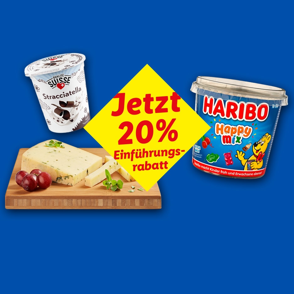 Stracciatella-Joghurt, Käse und Gummibärchen mit 20% Einführungsrabatt.