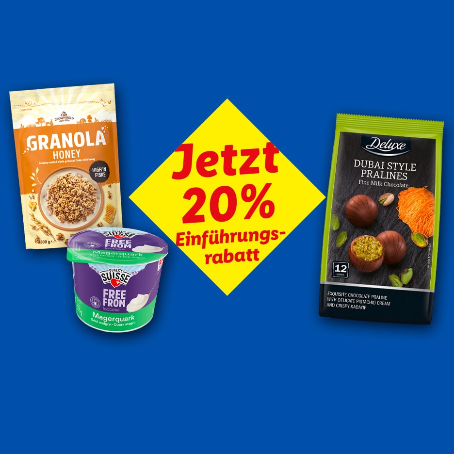 Müsli, Magerquark und Pralinen mit 20% Einführungsrabatt.