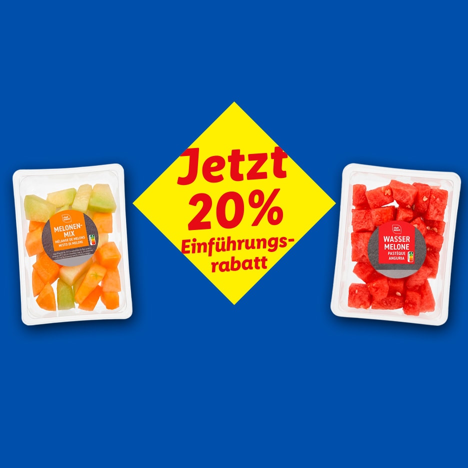 Verpackungen mit Melonen-Mix und Wassermelonenwürfeln mit 20% Einführungsrabatt.