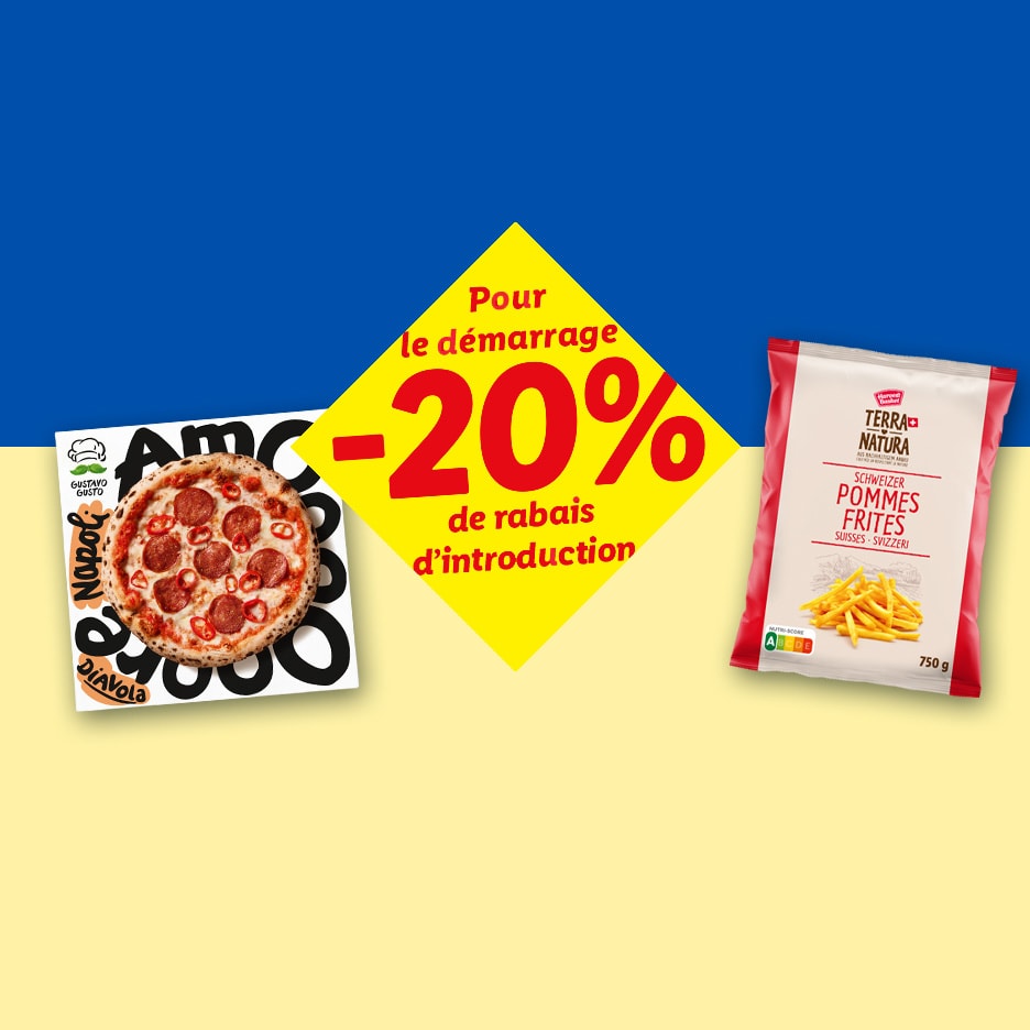 Gustavo Gusto Pizza Diavola und Terra Natura Pommes Frites mit 20% Rabatt.