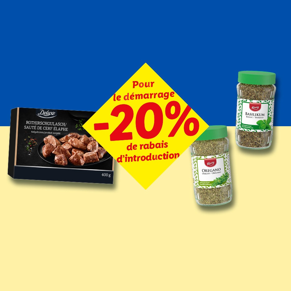 Deluxe Hirschgulasch und Kania Gewürze mit 20% Rabatt auf ukrainischem Hintergrund.