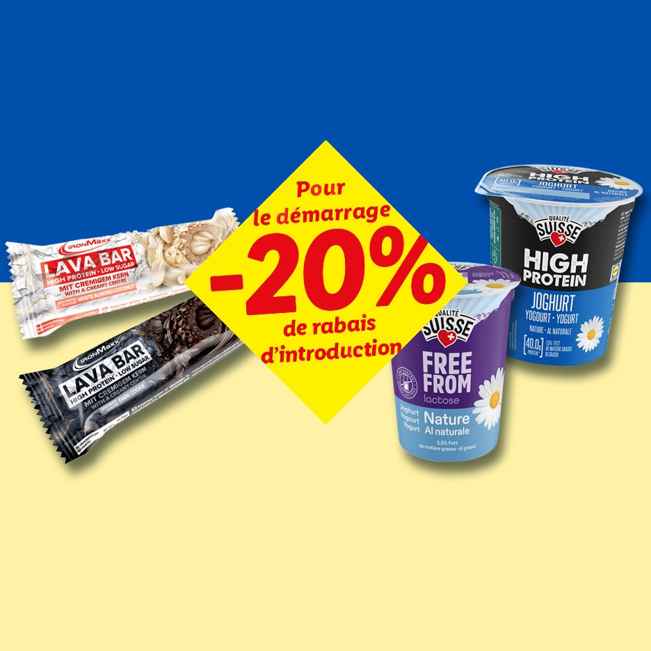 Proteinriegel und Joghurtbecher mit einem 20% Einführungsrabatt auf gelbem Hintergrund.