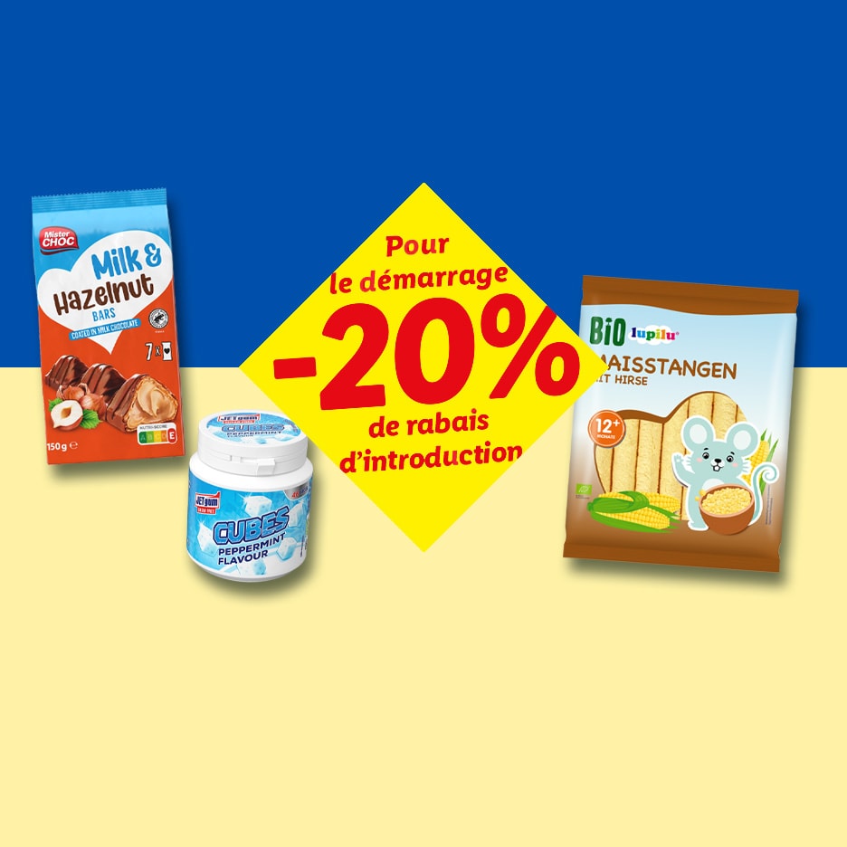 Schokoriegel, Kaugummi und Maisstangen mit 20% Einführungsrabatt.