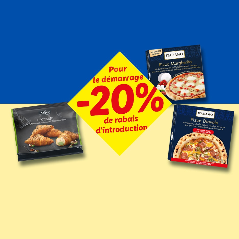 Werbebanner mit Croissants und Pizzen, die einen Einführungsrabatt von 20% zeigen.