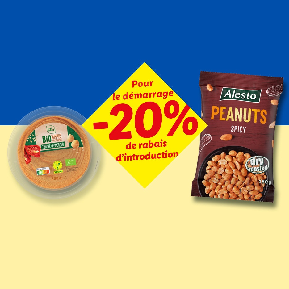 Tomaten-Hummus und Alesto scharfe Erdnüsse mit 20% Rabatt.
