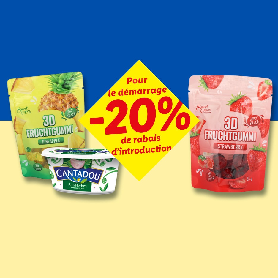Fromage frais aux herbes et bonbons gélifiés aux fruits avec une réduction de 20%.