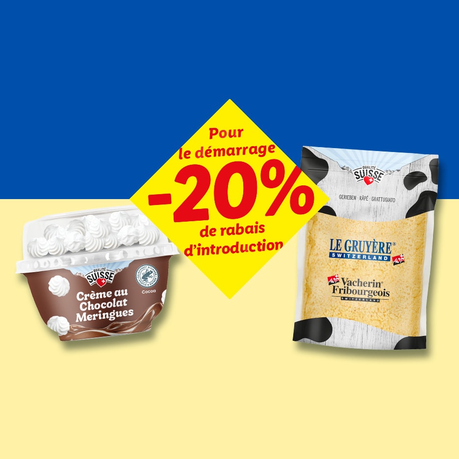 Crème au chocolat et fromage râpé avec une réduction de 20% sur fond bleu et jaune.