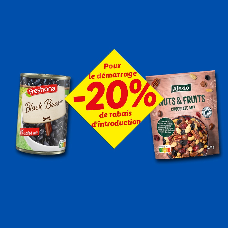Haricots noirs en conserve et mélange de noix et fruits au chocolat, avec 20% de réduction.