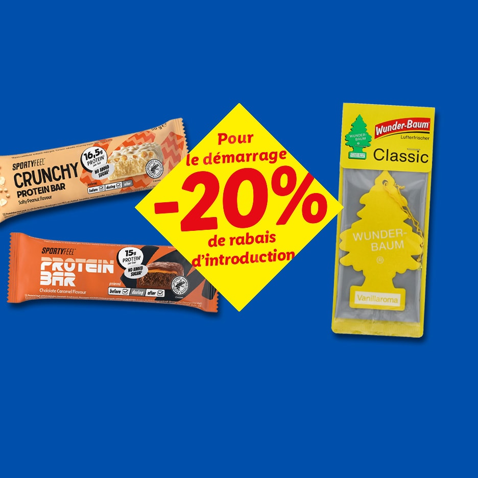 Proteinriegel und Auto-Lufterfrischer mit 20% Einführungsrabatt.