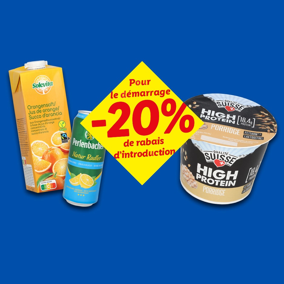Orangensaft, alkoholfreier Radler und Protein-Porridge mit 20% Rabatt.